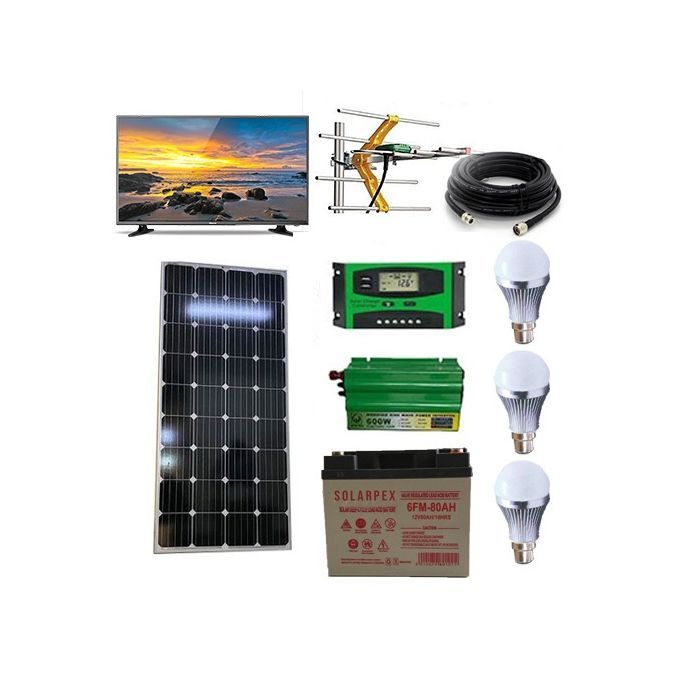 1 (33) Sunlight Solar 100Watts Solar Panel Full KIT + 80 AH Solar Battery+300 W Solar Power Inverter + 10Ah Solar Charge Controller + 24" DC TV+ Aerial+3 DC Bulb - Image 1